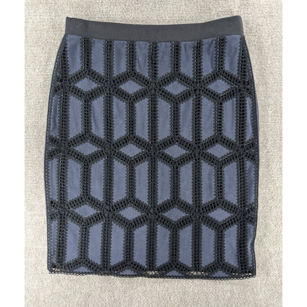 Cato Black Geometric Crochet Lace Overlay Pencil‎ Skirt Medium Faux Suede Front